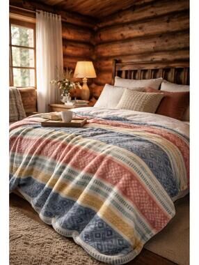 Plush Fleece Throw Blanket Southwestern Striped Boho Soft Cozy Lodge 50”x72” Big